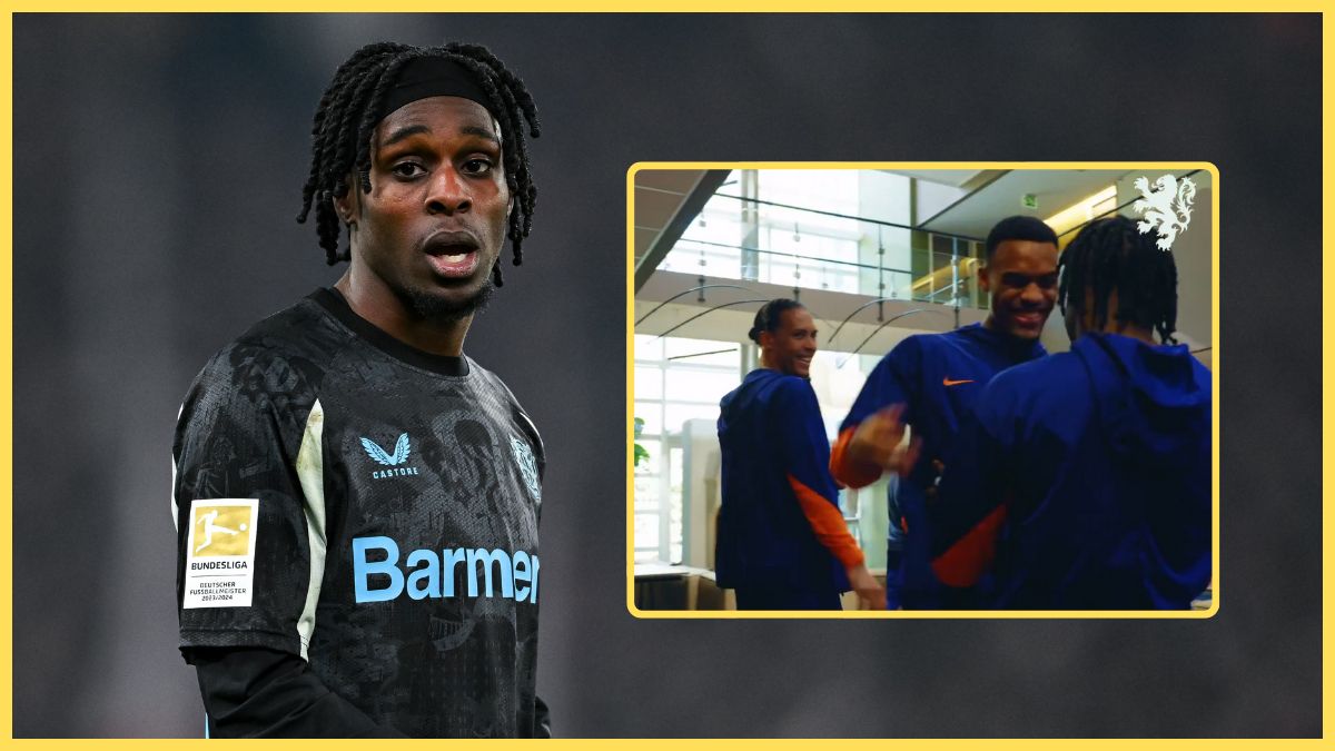 Jeremie Frimpong looks out next to picture of him greeting Ryan Gravenberch and Virgil van Dijk.