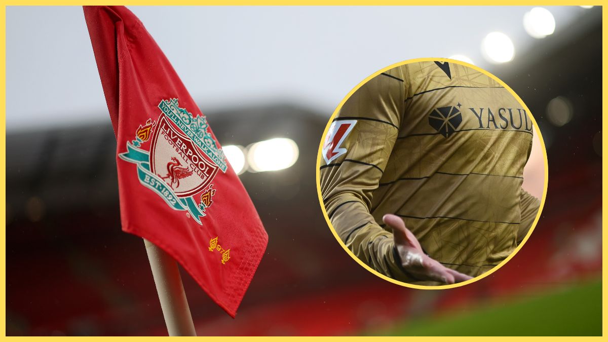 Martin Zubimendi shouts in celebration next to Liverpool corner flag.