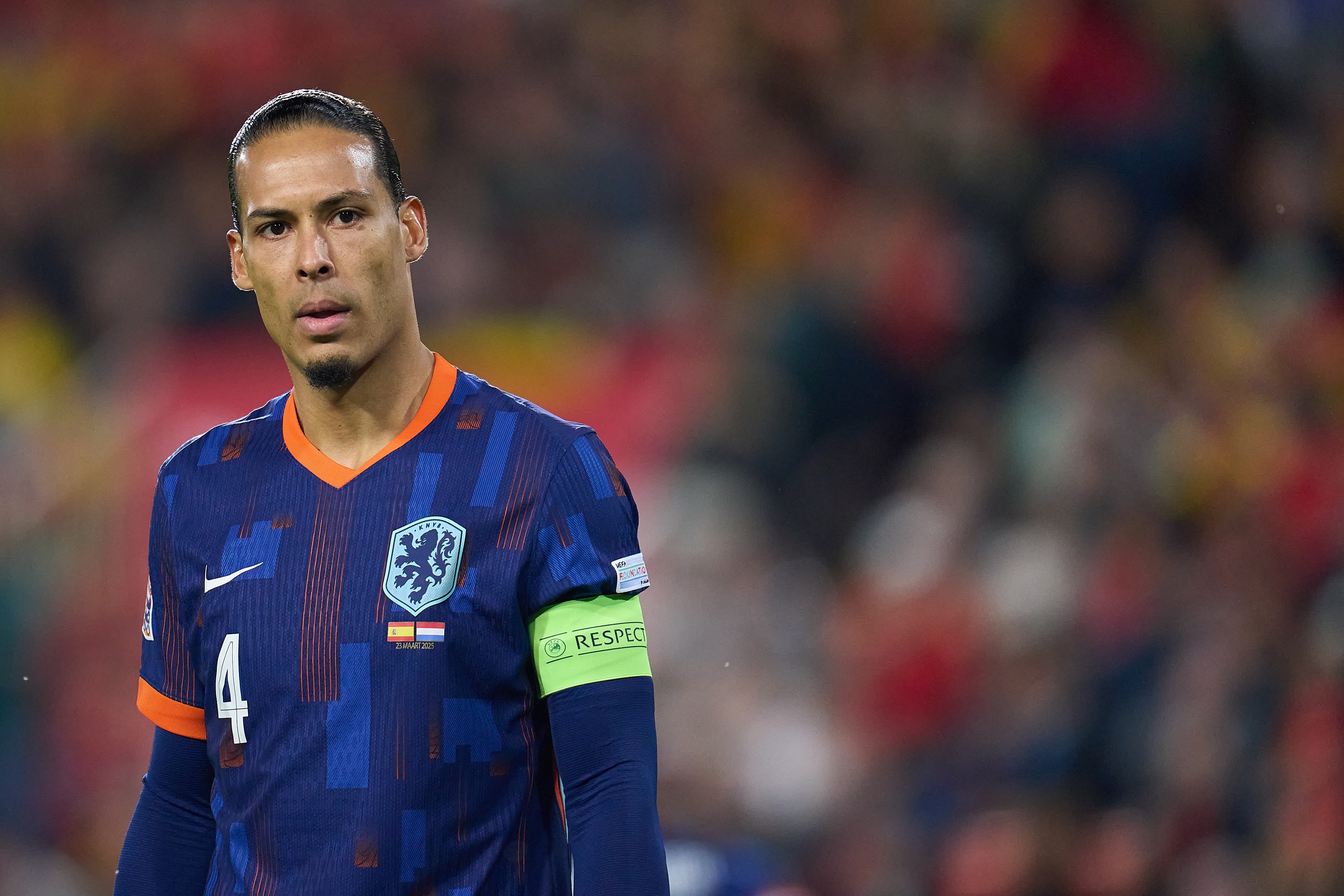 Virgil van Dijk looks on during Netherlands game.