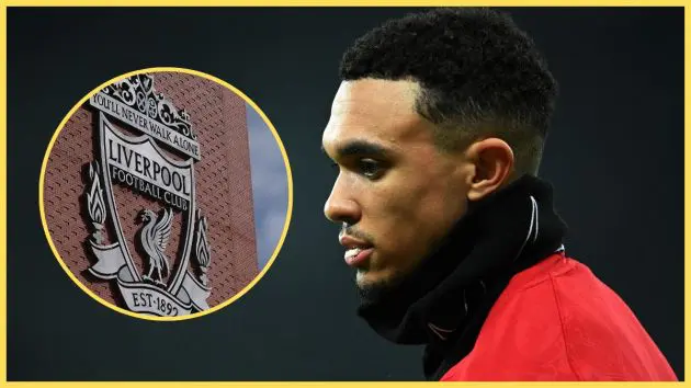 Trent Alexander-Arnold chews gum next to Liverpool club crest.