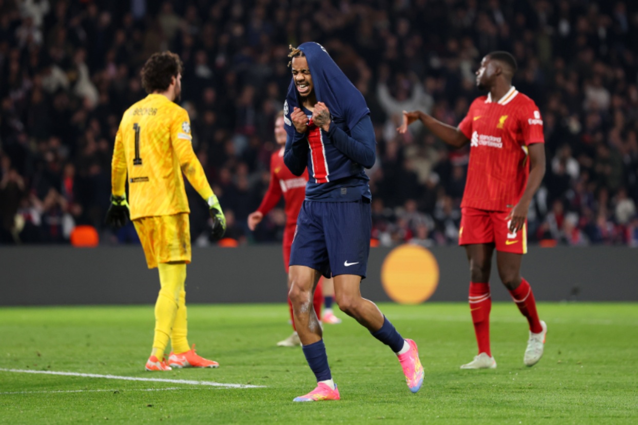 Bradley Barcola reacts to a missed chance in PSG's defeat to Liverpool