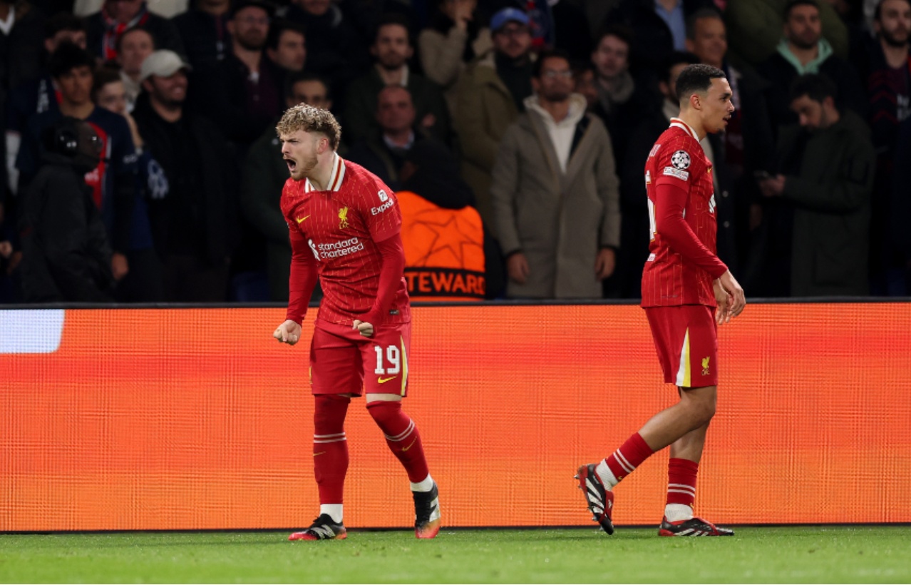 Harvey Elliott celebrates his winning goal against PSG