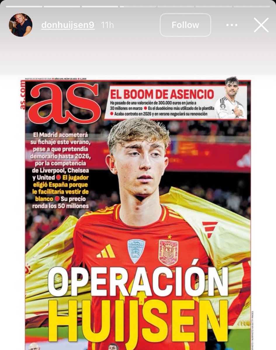 Dean Huijsen's father shared a report detailing Real Madrid's interest in his son via Instagram