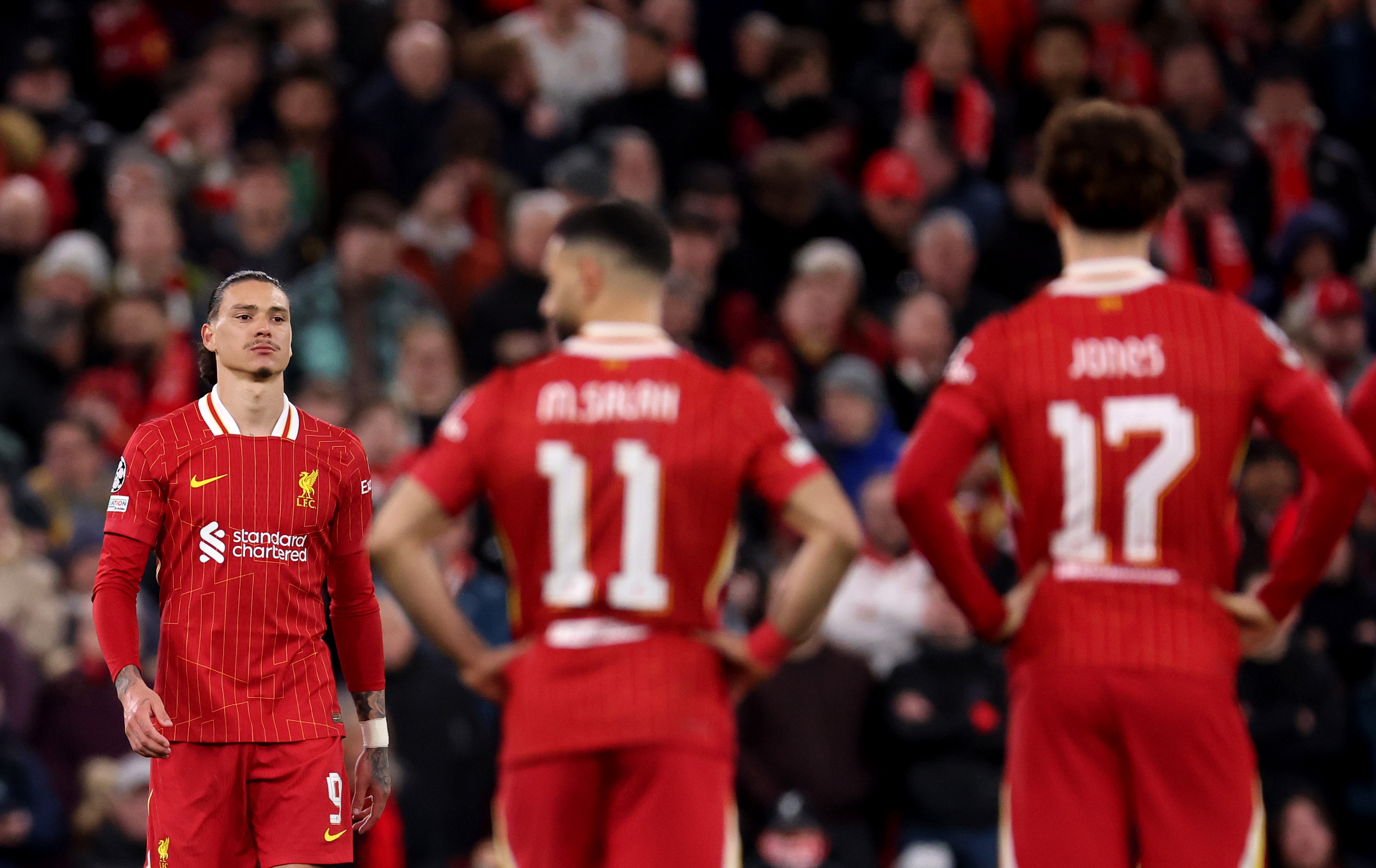 Liverpool players digest their Champions League exit to PSG at Anfield