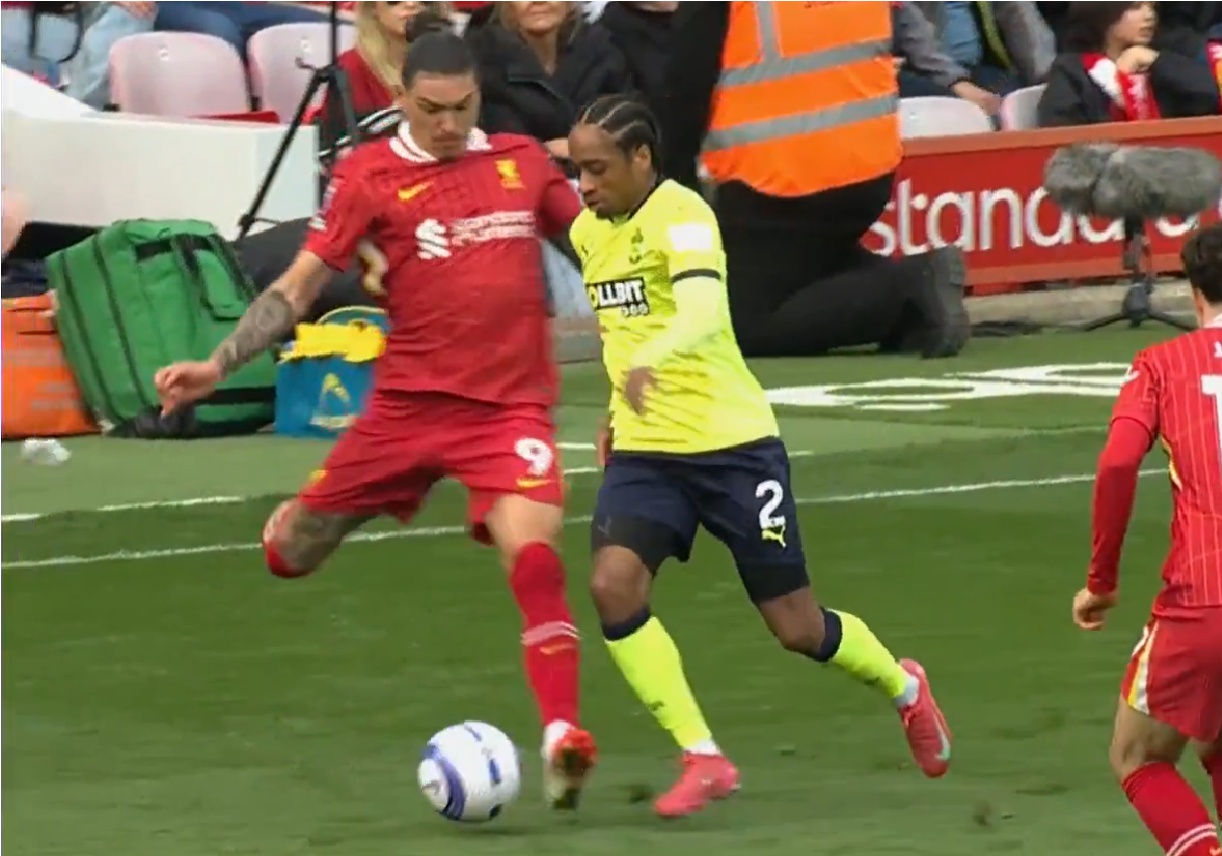 Darwin Nunez was shown a yellow card for kicking out at Kyle Walker-Peters in Liverpool's win over Southampton