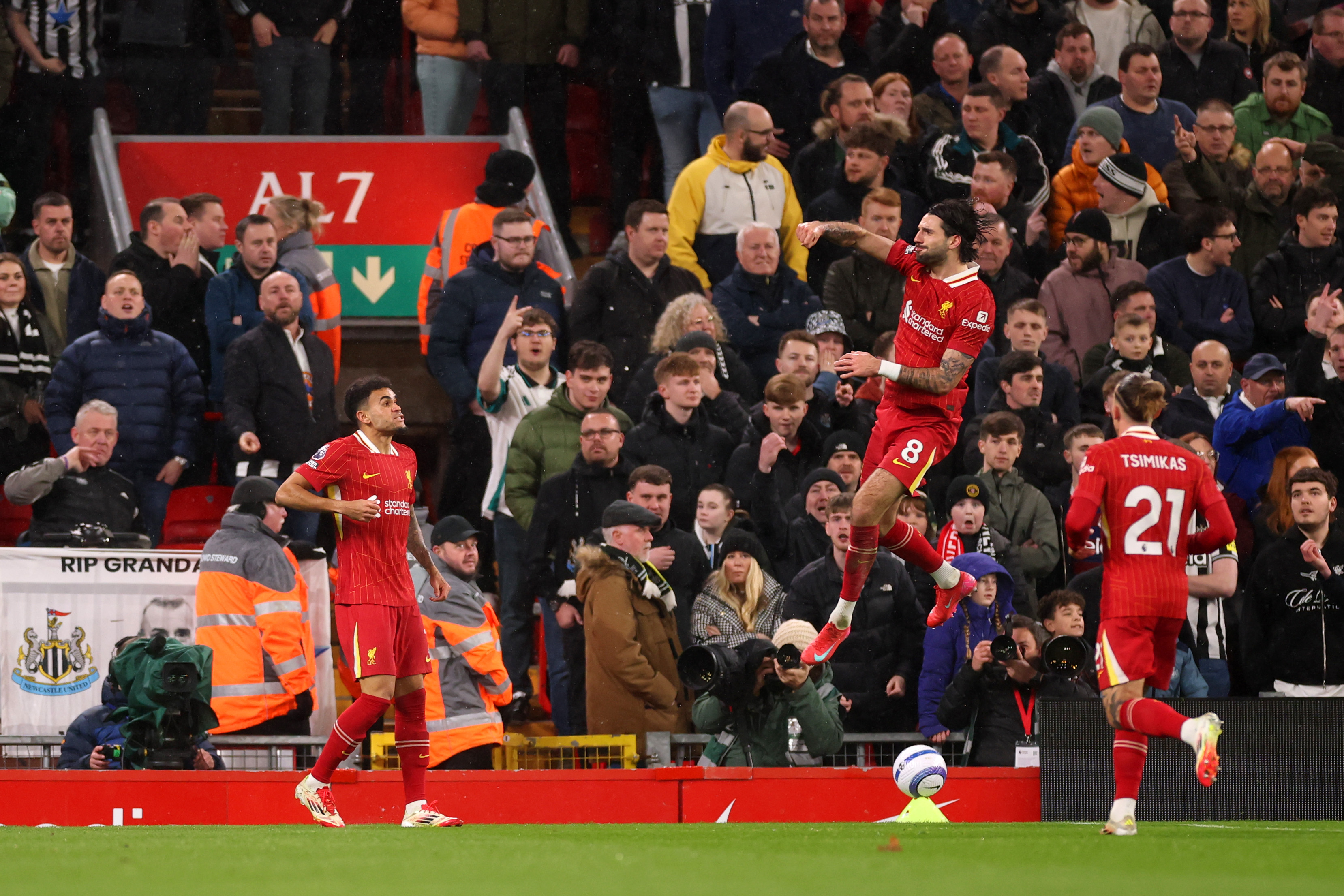 Dominik Szoboszlai celebrates scoring against Newcastle