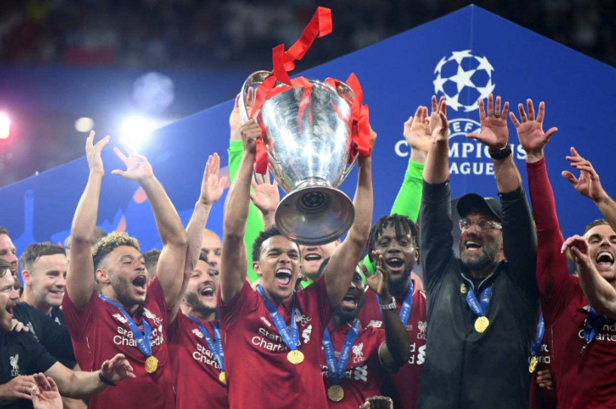 Trent Alexander-Arnold celebrates winning the Champions League with Liverpool in 2019