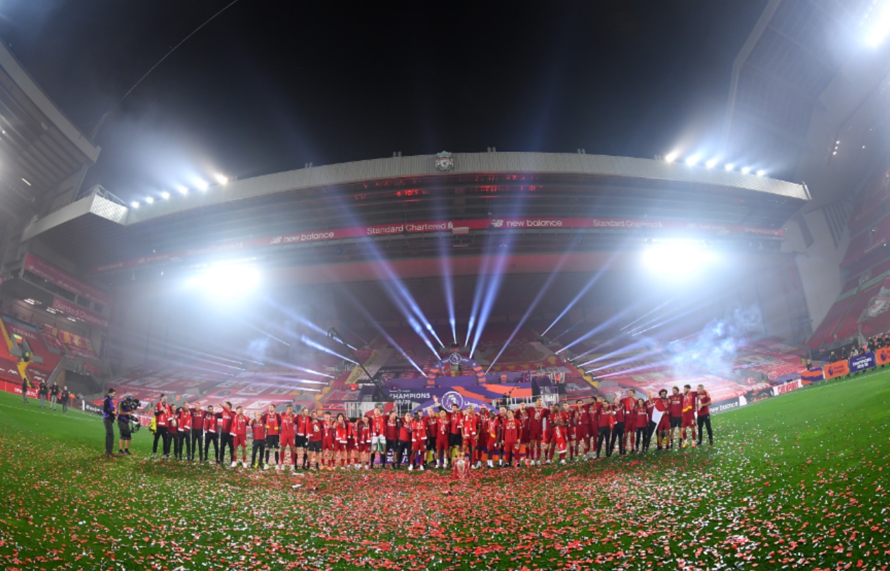 Liverpool's players and coaching staff sang 'Youll Never Walk Alone' as they celebrated winning the Premier League in 2020