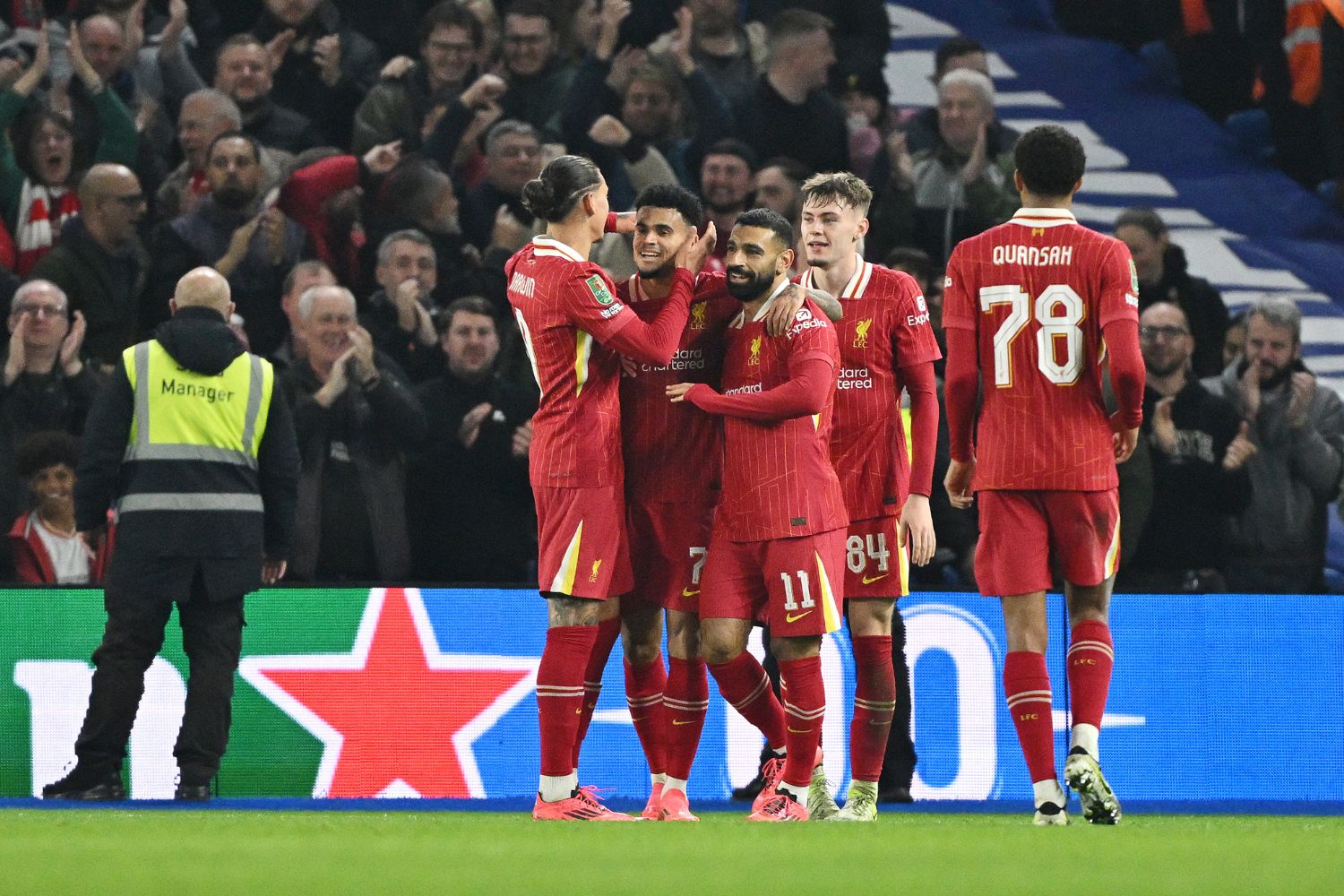 Liverpool celebrate after Luis Diaz scores at Brighton