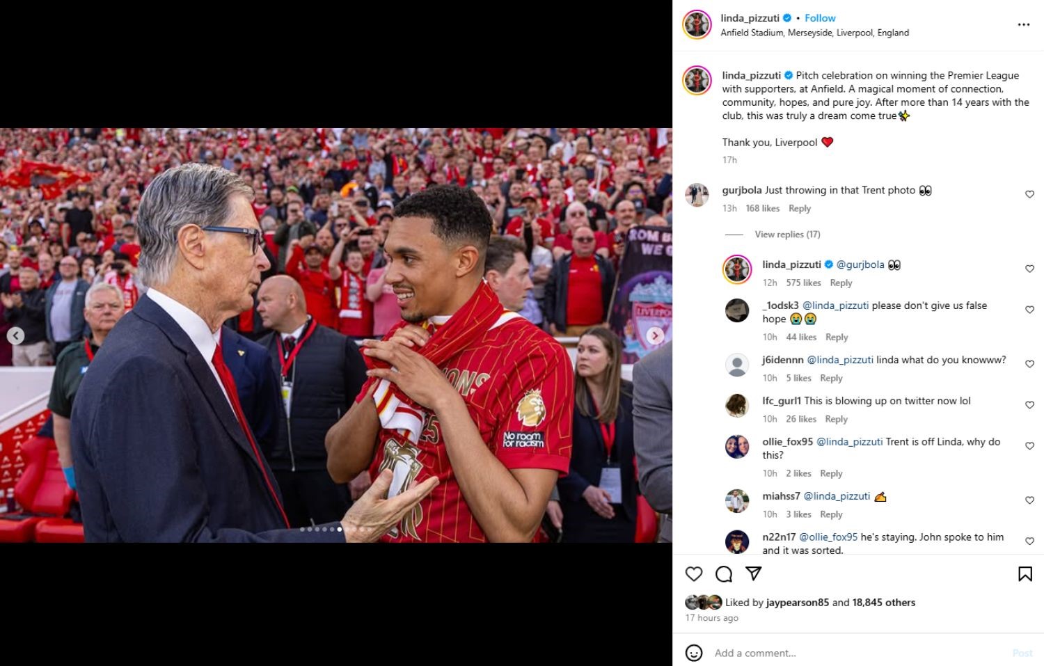 Linda Pizzuti Henry's comments on a picture of Trent Alexander-Arnold and John Henry