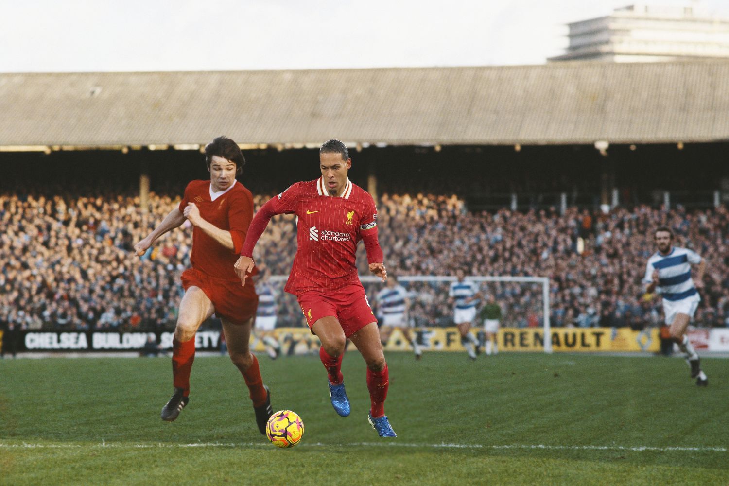 Virgil van Dijk battles with Alan Hansen for the ball