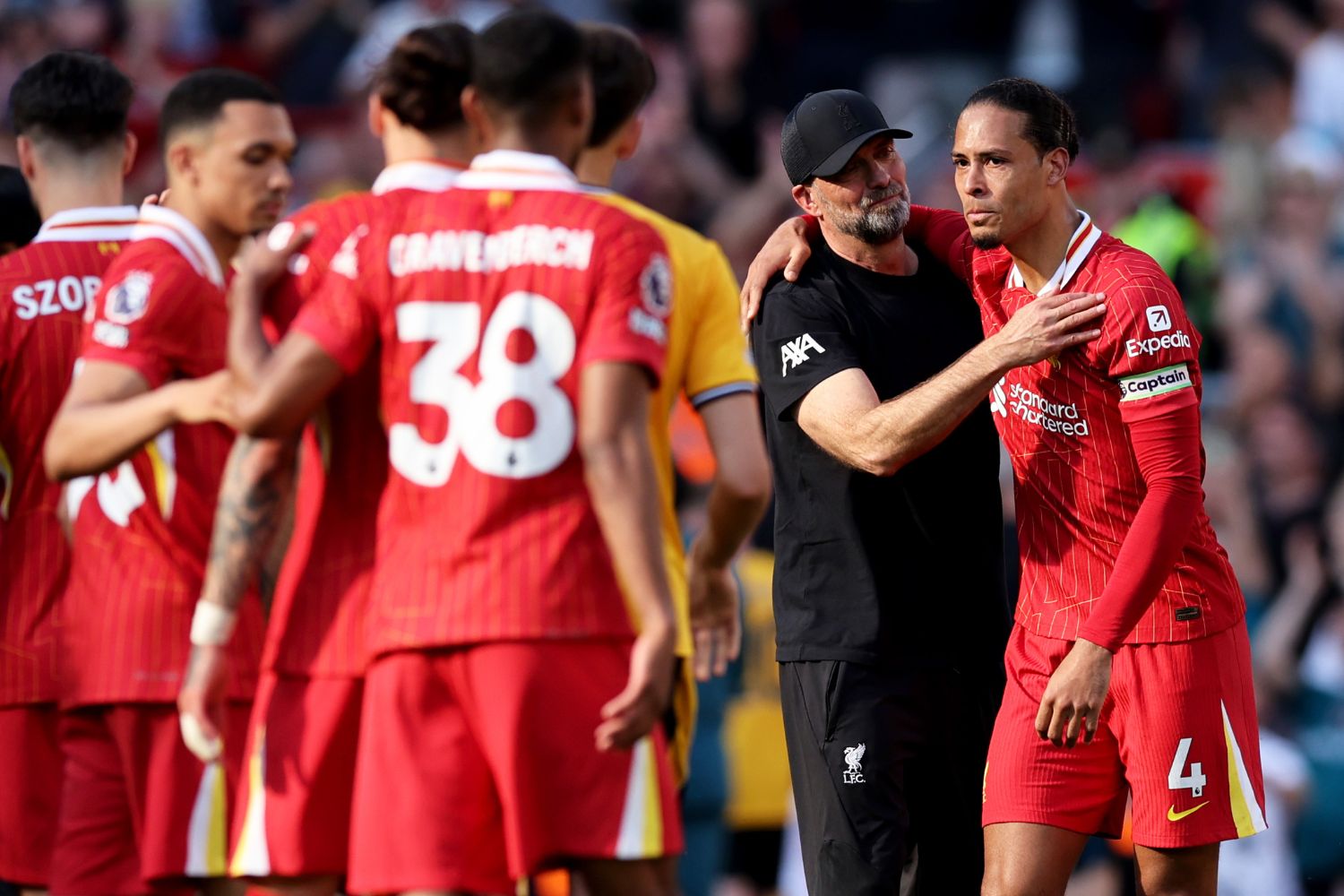 Jurgen Klopp and Virgil van Dijk after Klopp's last game