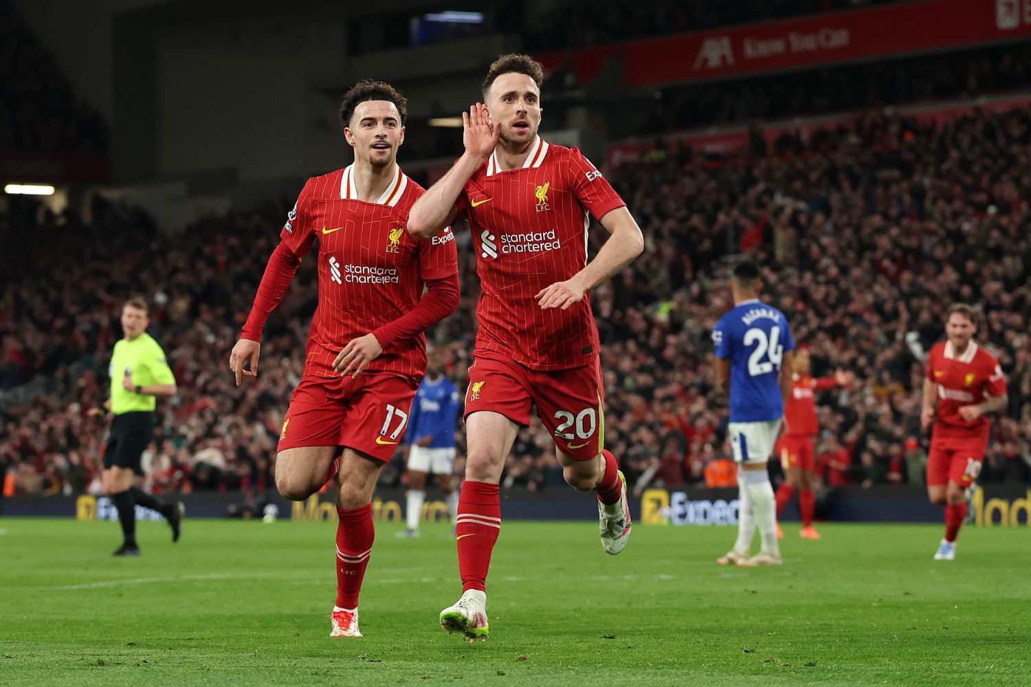 Curtis Jones celebrates with Diogo Jota in front of the Kop