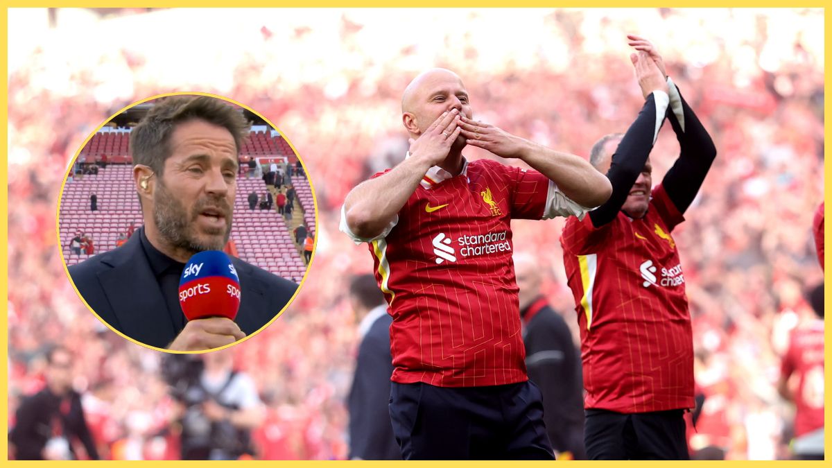 Arne Slot blows kisses to Liverpool fans next to Jamie Redknapp.