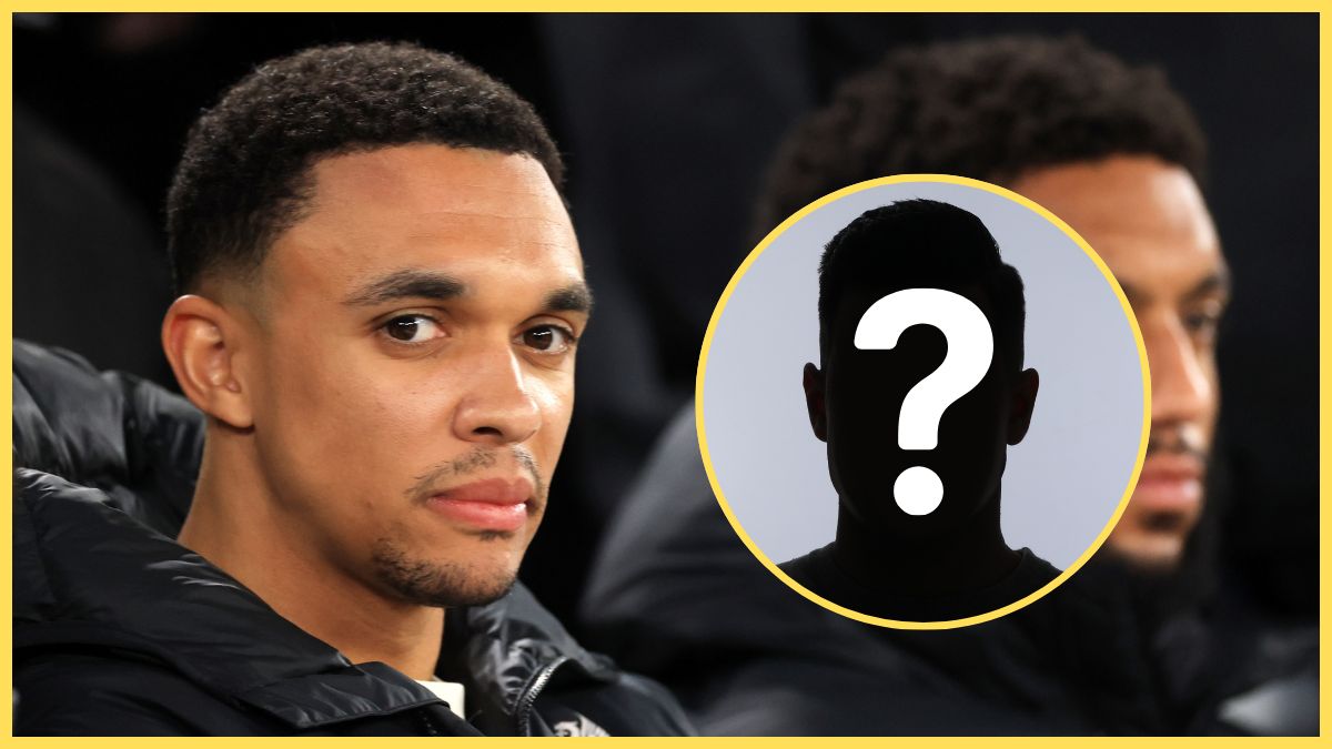 Trent Alexander-Arnold sits on Liverpool bench next to a silhouette with a question mark.