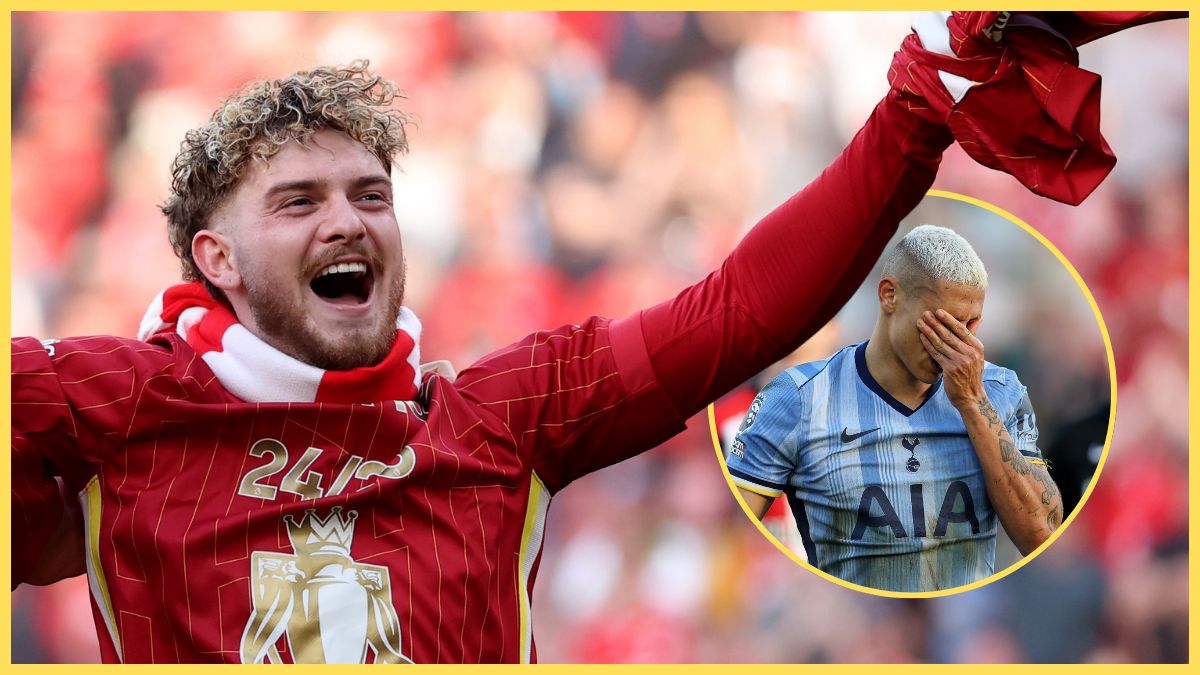 Harvey Elliott celebrates with Arms aloft next to a distraught Richarlison.