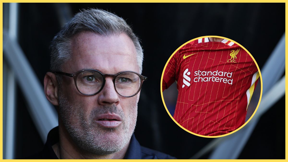 Jamie Carragher looks at Liverpool player's shirt.