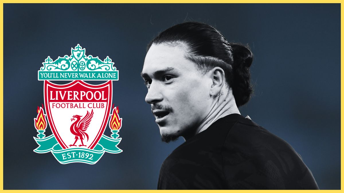 Darwin Nunez in black and white looks at Liverpool club crest.