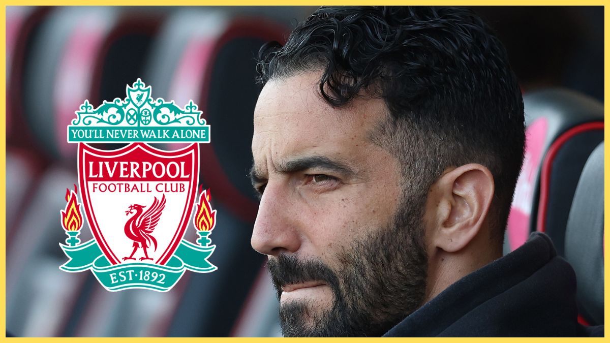 Ruben Amorim sits on the bench at Vitality Stadium looking at Liverpool club crest.