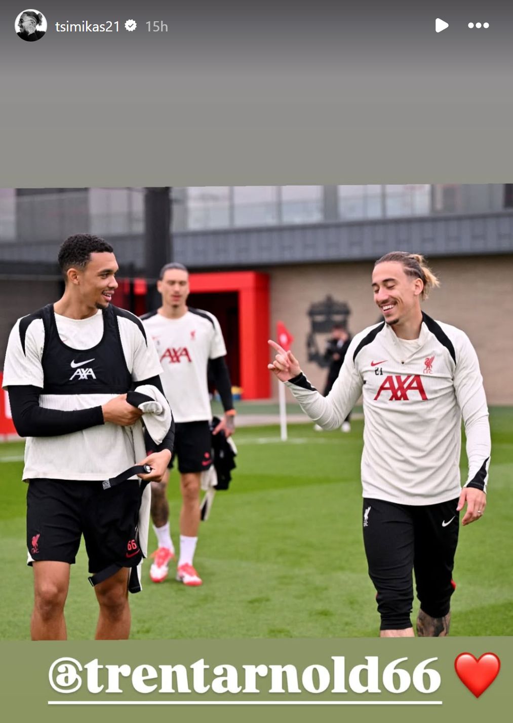 Kostas Tsimikas sends a message to Trent Alexander-Arnold
