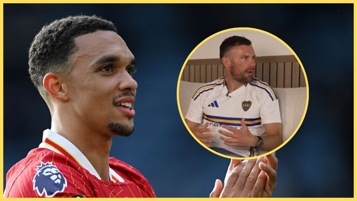 Trent Alexander-Arnold looks at a circle image of Ben Foster.