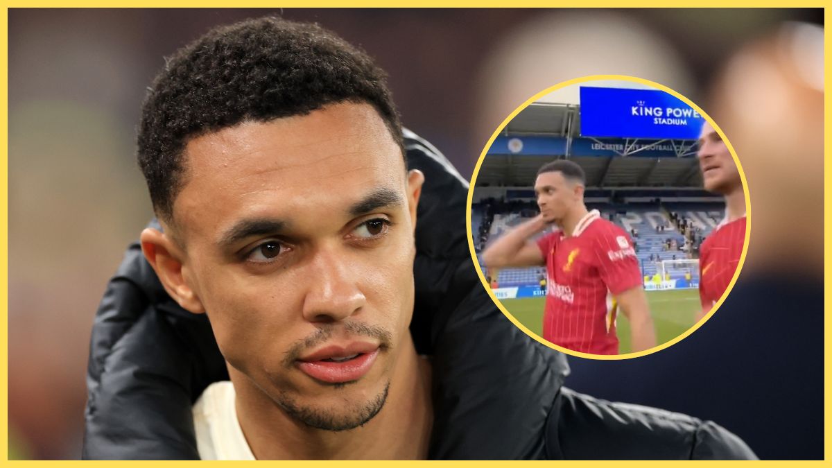 Trent Alexander-Arnold looks on at a picture of himself after the Leicester game.