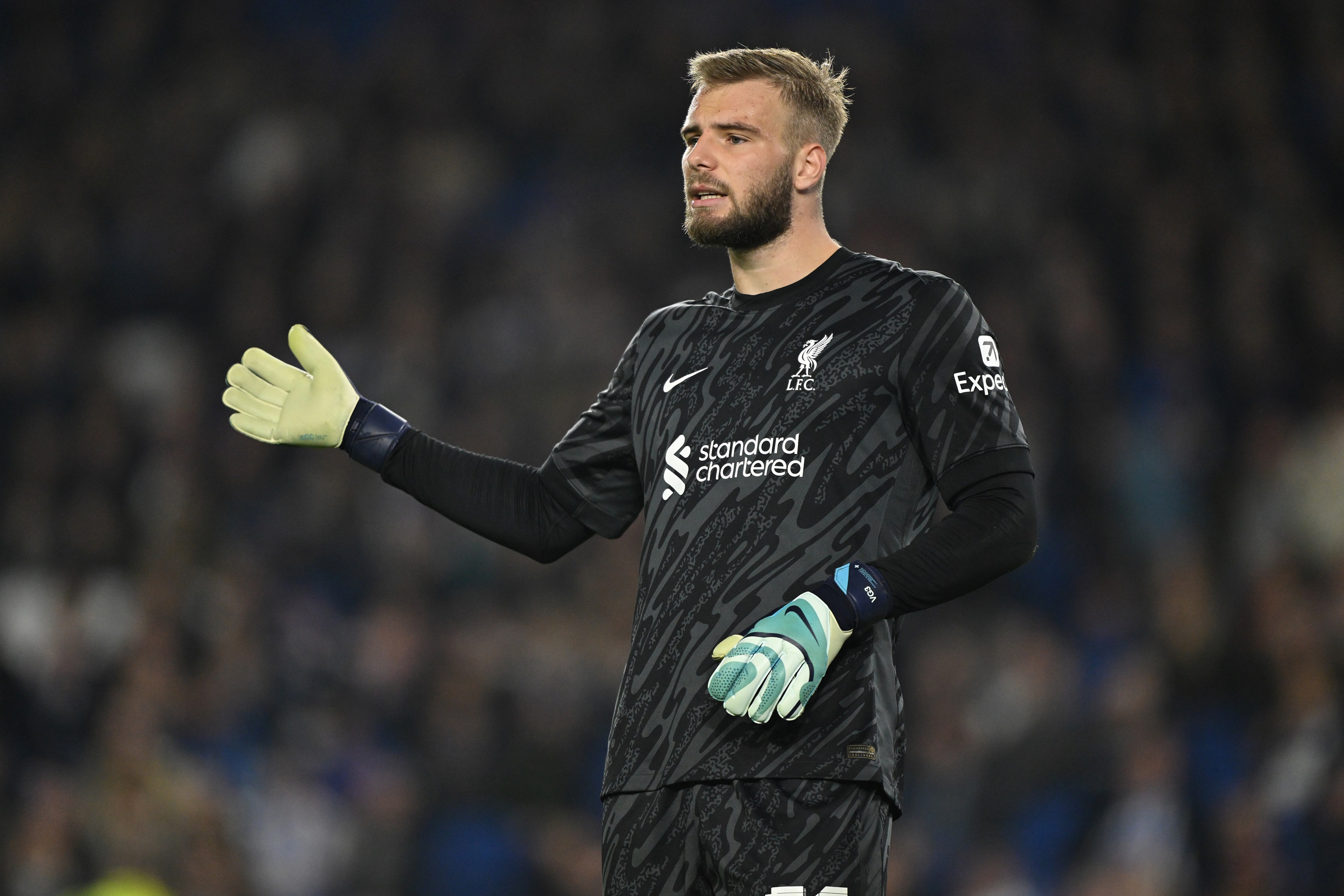 Liverpool goalkeeper Vitezslav Jaros holds up his arm during a game.