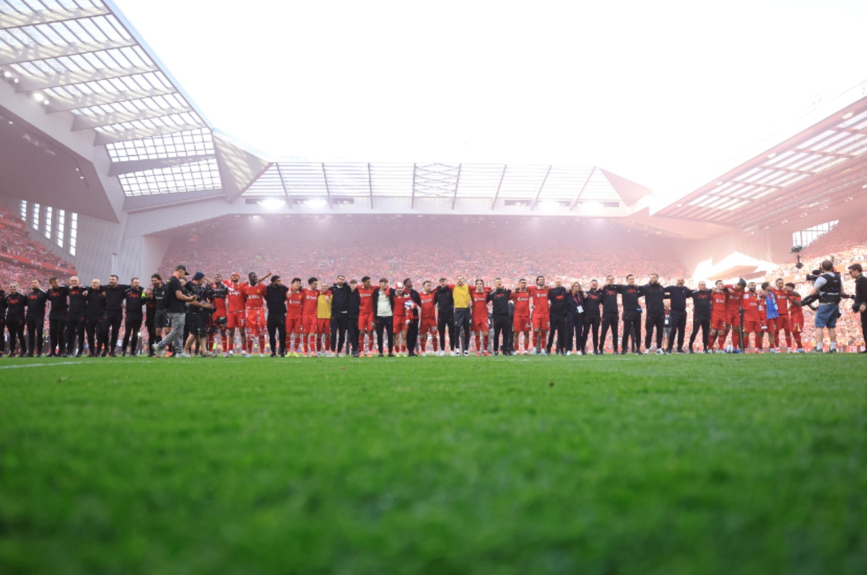 Liverpool's players and coaching staff sang 'Youll Never Walk Alone' as they celebrated winning the Premier League on Sunday