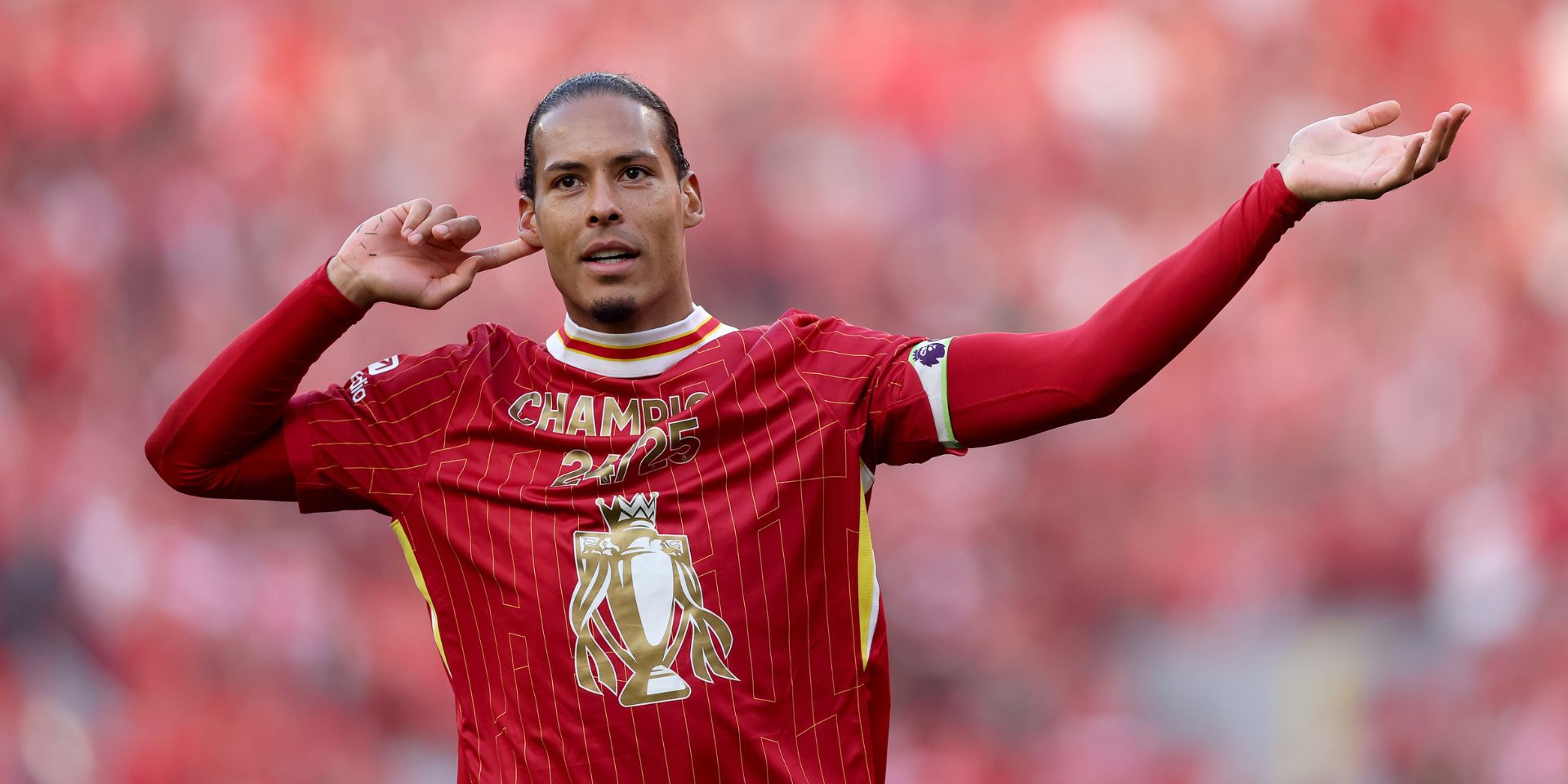 Virgil van Dijk celebrates winning the league