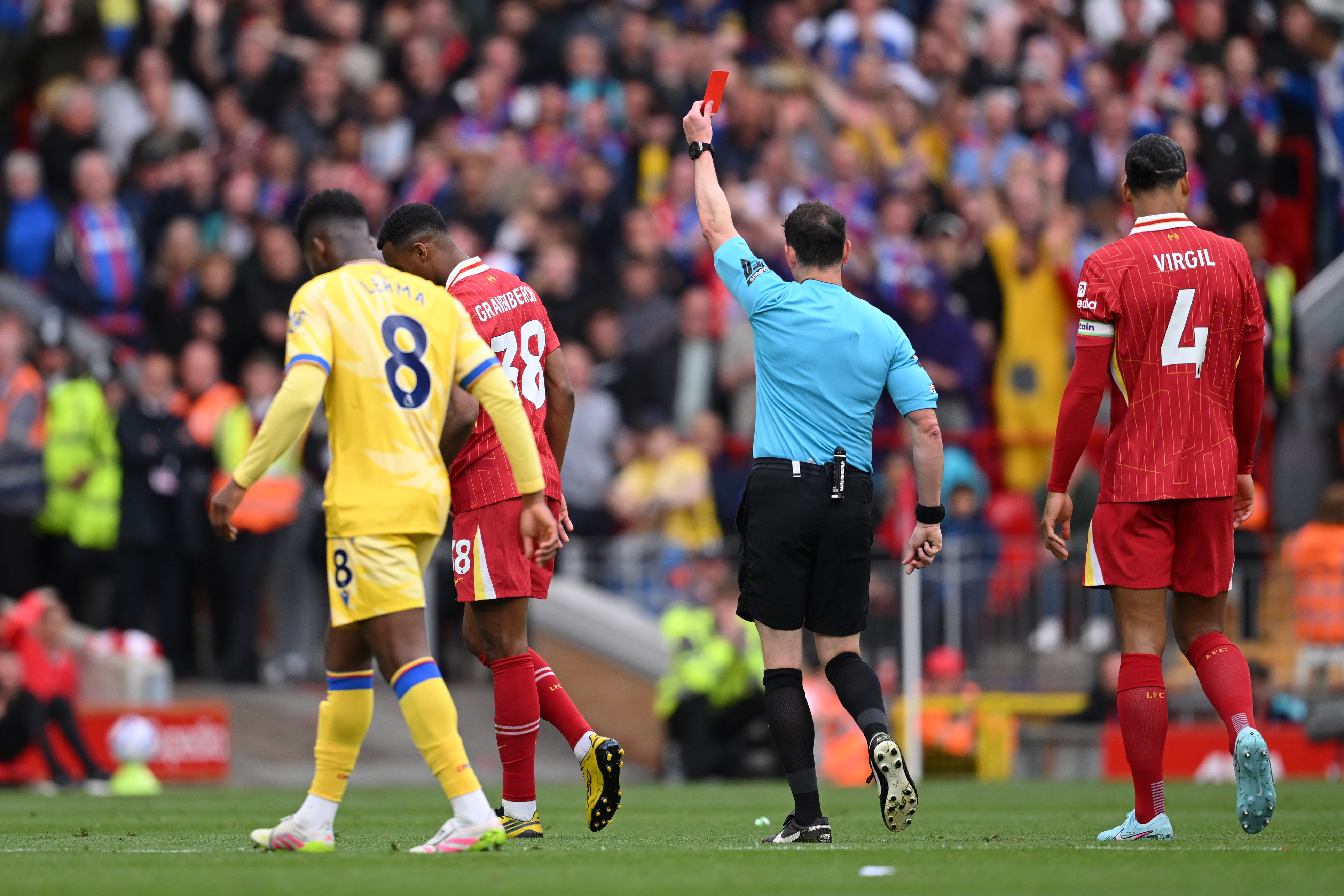 Ryan Gravenberch was sent off in Liverpool's 1-1 draw against Crystal Palace on Sunday