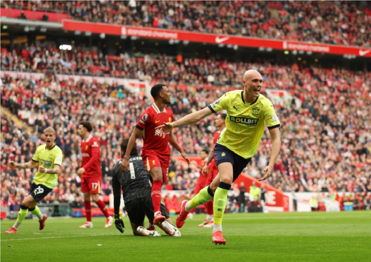 Will Smallbone celebrates giving Southampton a shock lead at Anfield in March