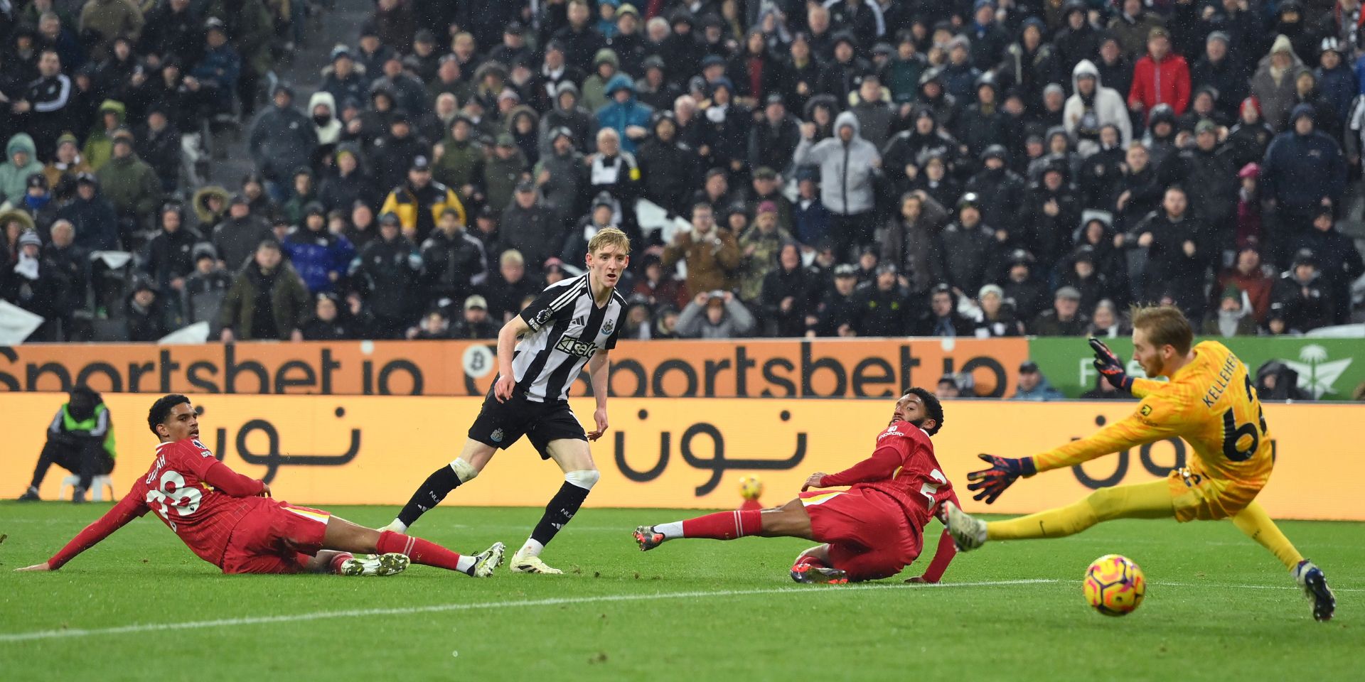 Anthony Gordon scores against Liverpool
