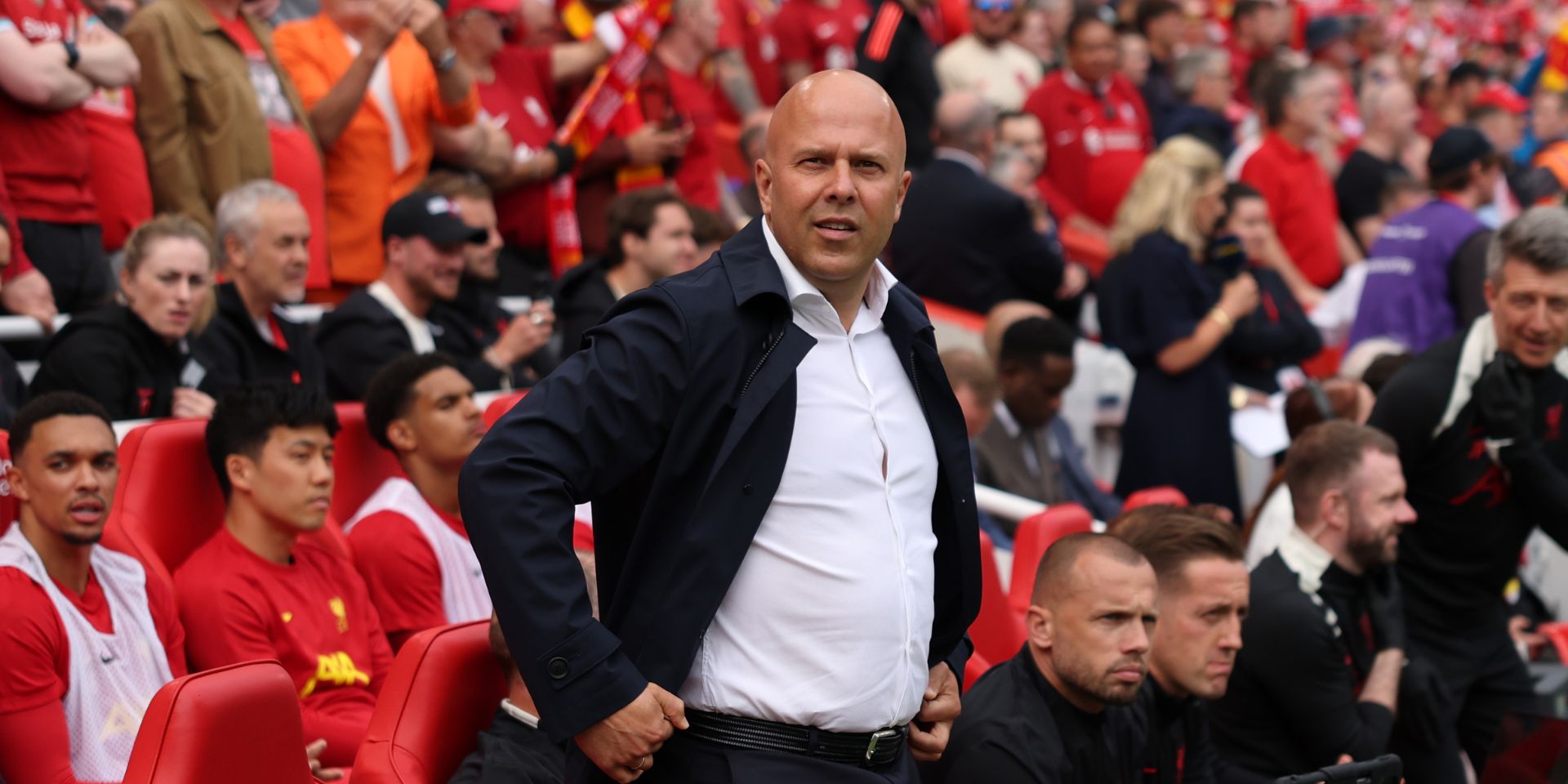 Arne Slot oversees Liverpool at Anfield in the Premier League