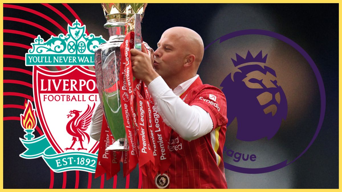 Arne Slot kisses the Premier League trophy next to Liverpool club crest.