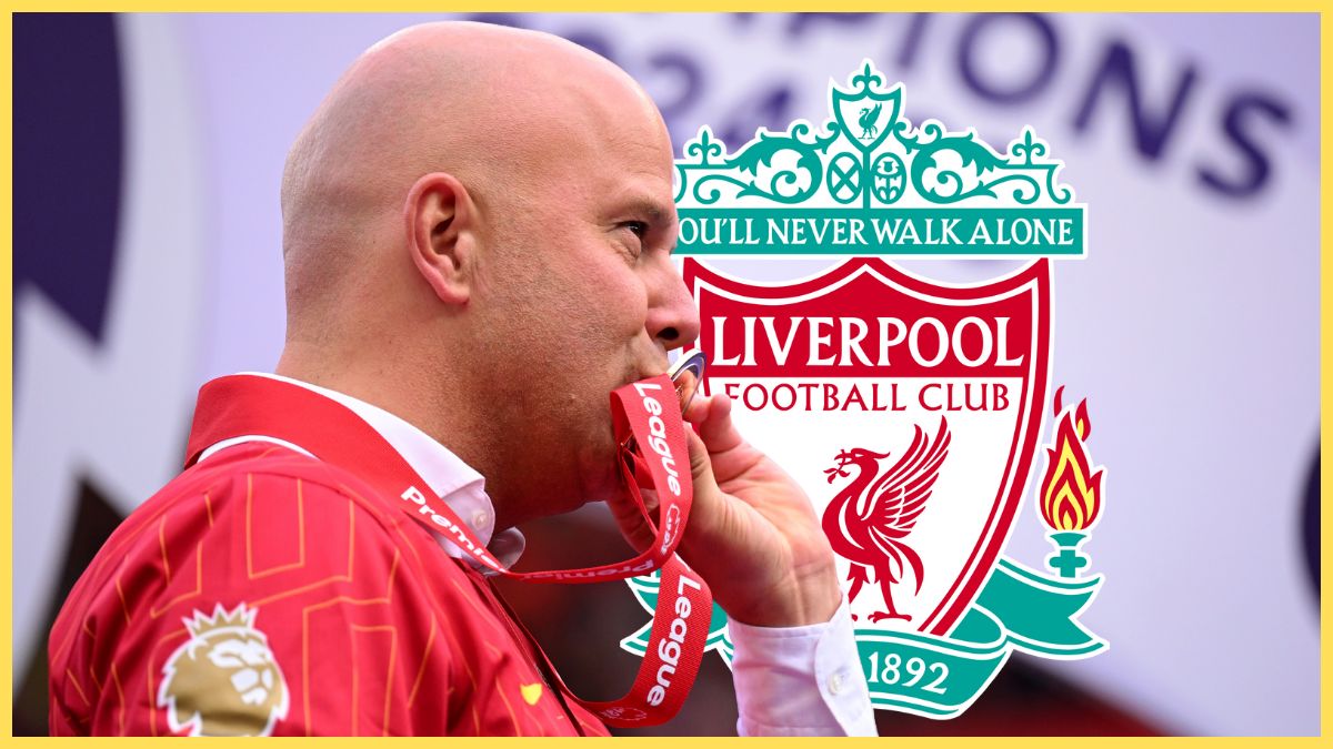Arne Slot kisses his Premier League winners medal in front of Liverpool club crest.