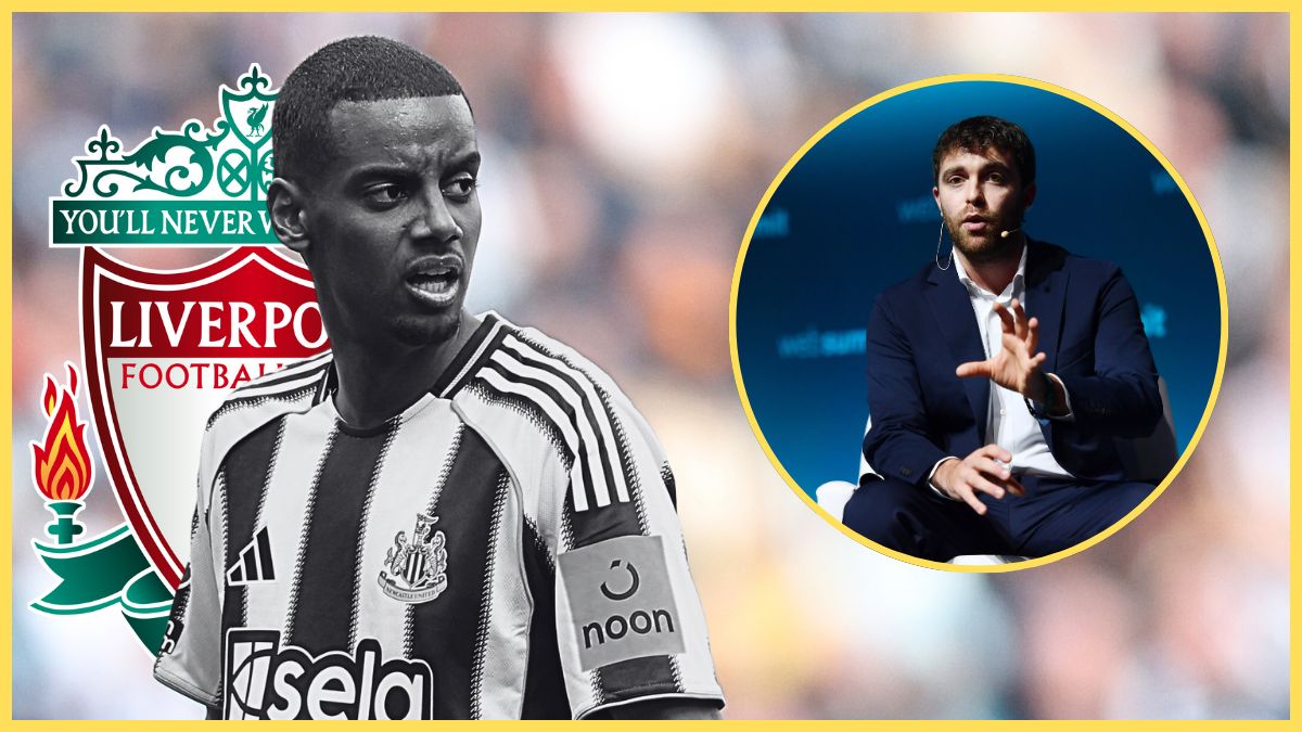 Alexander Isak looks at Fabrizio Romano in front of Liverpool club crest.
