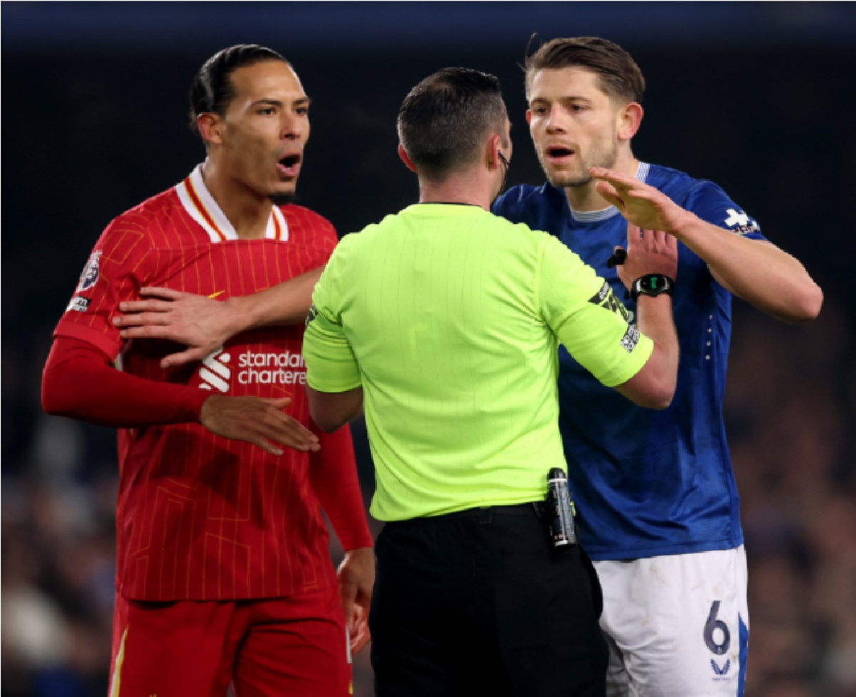 Michael Oliver had his hands full in the Merseyside derby at Goodison Park in February