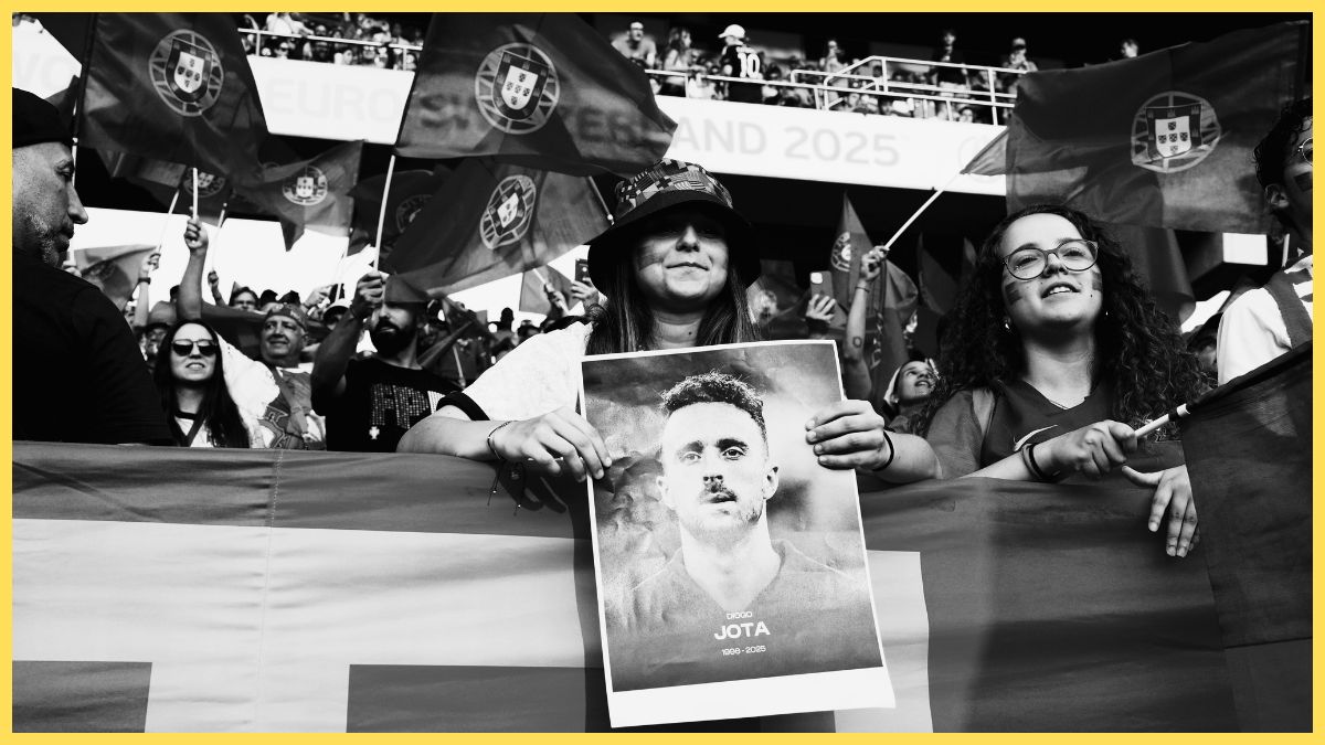 Portugal fans hold a picture of Diogo Jota at Euro 2025