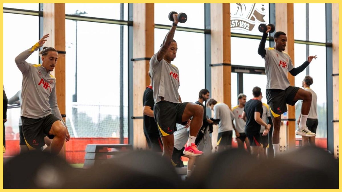 Liverpool squad training in the gym at the AXA Training Centre