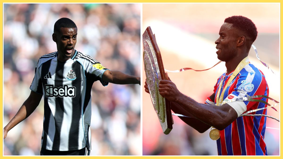 Alexander Isak points at Marc Guehi who holds the Community Shield.
