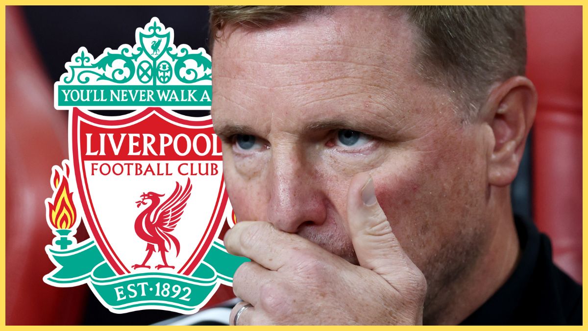 Eddie Howe covers his face with his hand next to the Liverpool club crest.