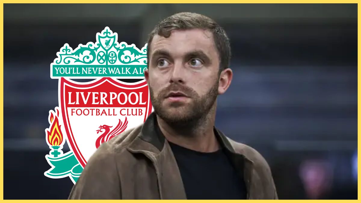 Fabrizio Romano looks on in front of Liverpool club crest.