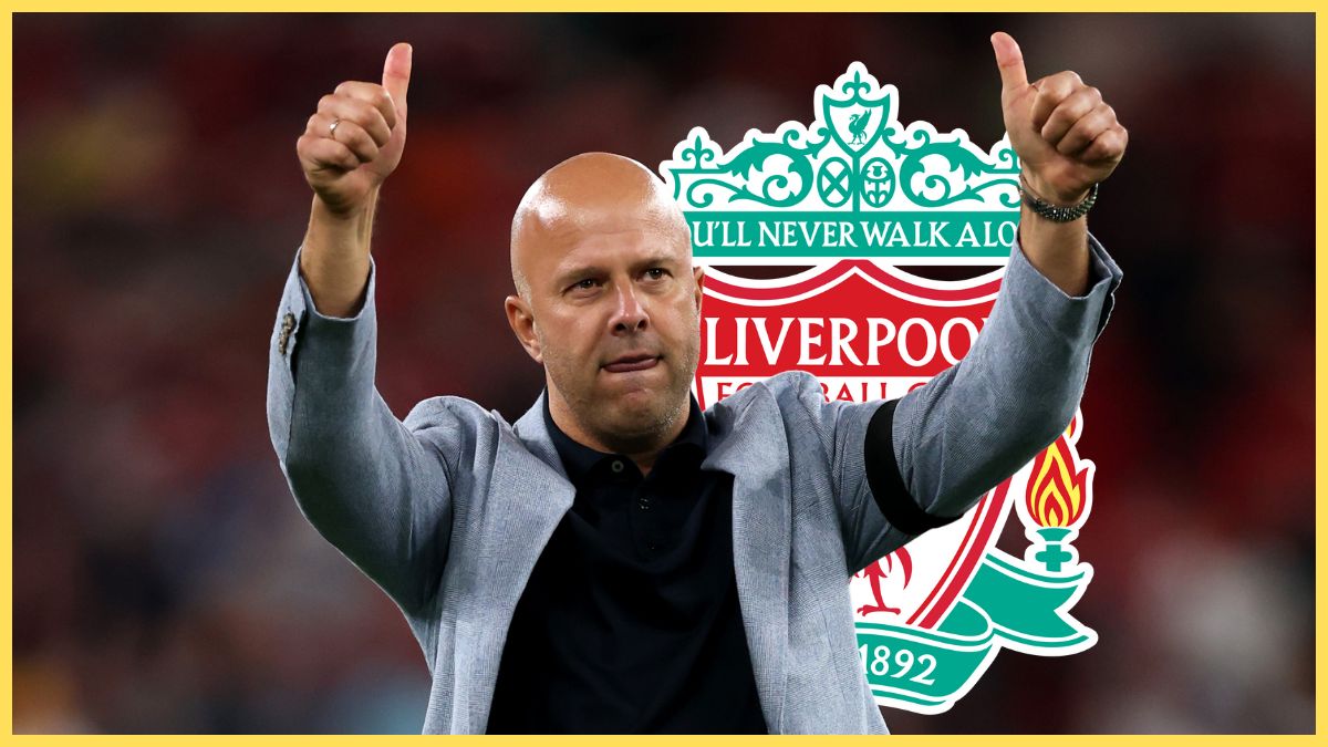 Liverpool head coach Arne Slot holds two thumbs up in front of Liverpool club crest.