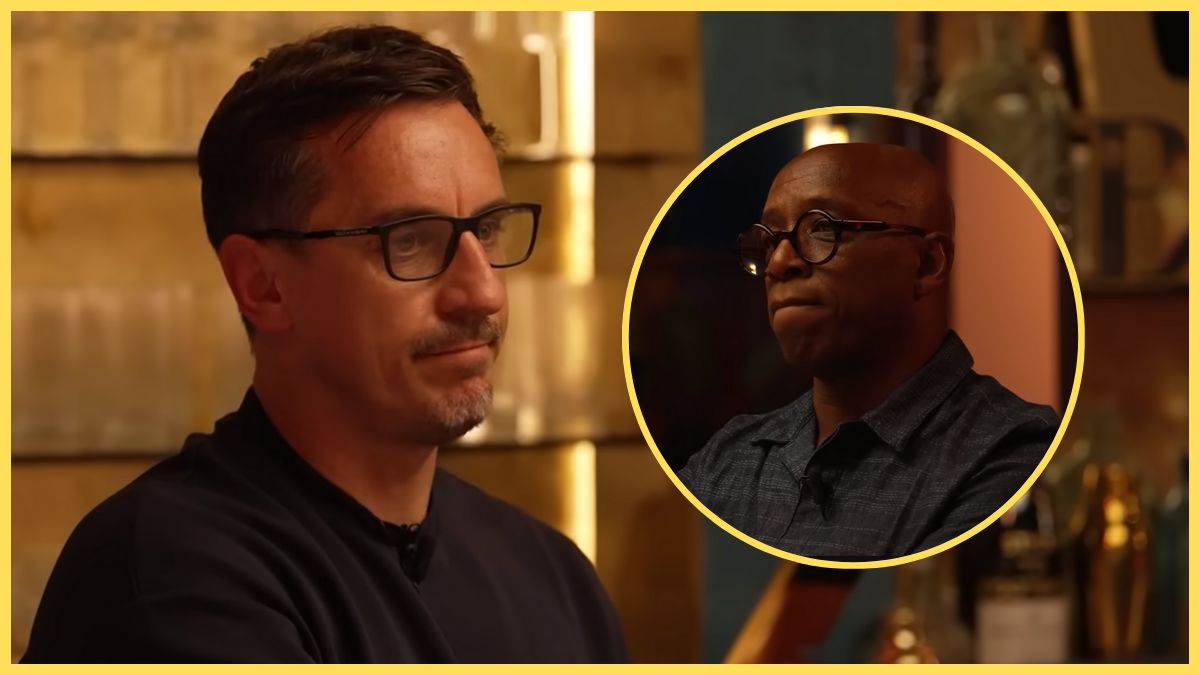 Gary Neville has pursed lips whilst looking at a picture of Ian Wright.