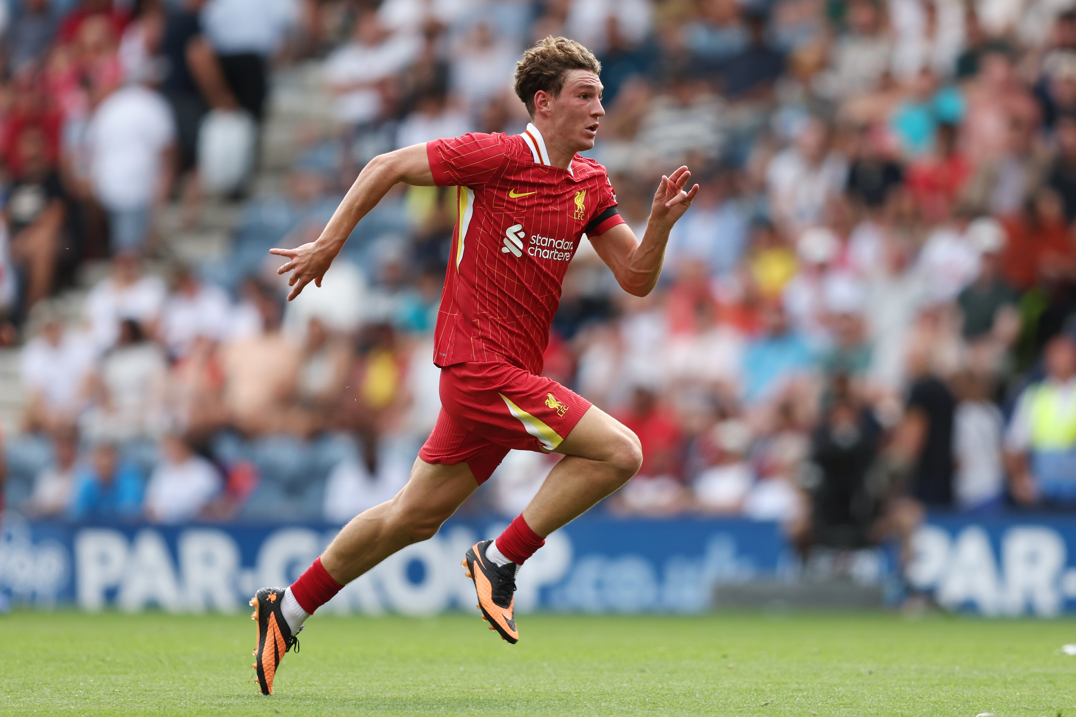 Lewis Koumas runs during Liverpool game.