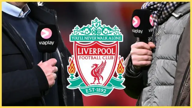 Pundits hold Viaplay microphones in front of Liverpool club crest.