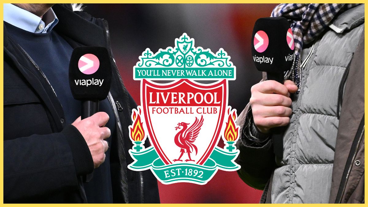 Pundits hold Viaplay microphones in front of Liverpool club crest.