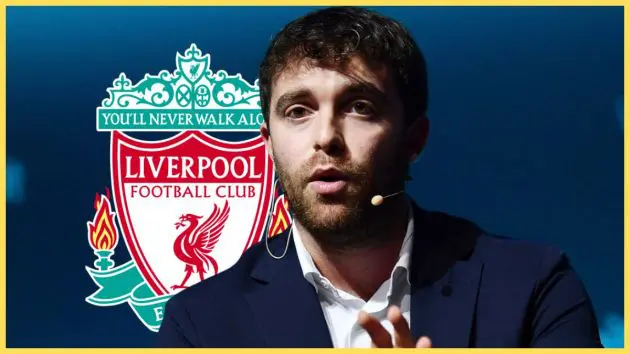 Fabrizio Romano gestures with an open hand in front of Liverpool club crest.