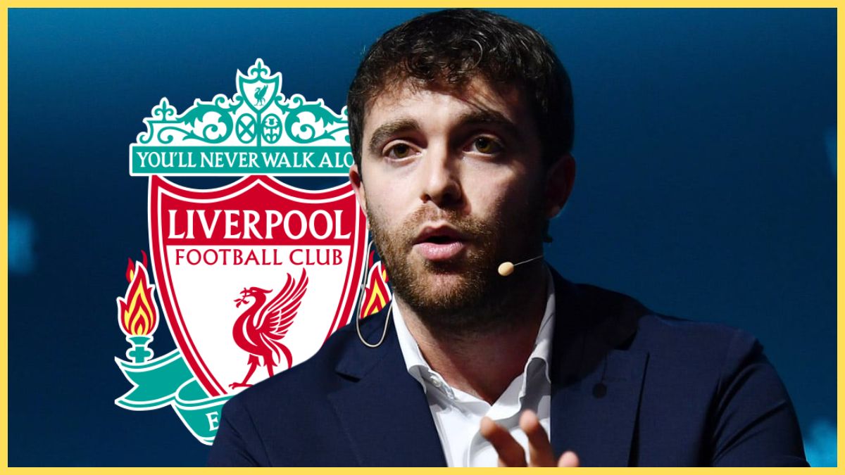 Fabrizio Romano gestures with an open hand in front of Liverpool club crest.