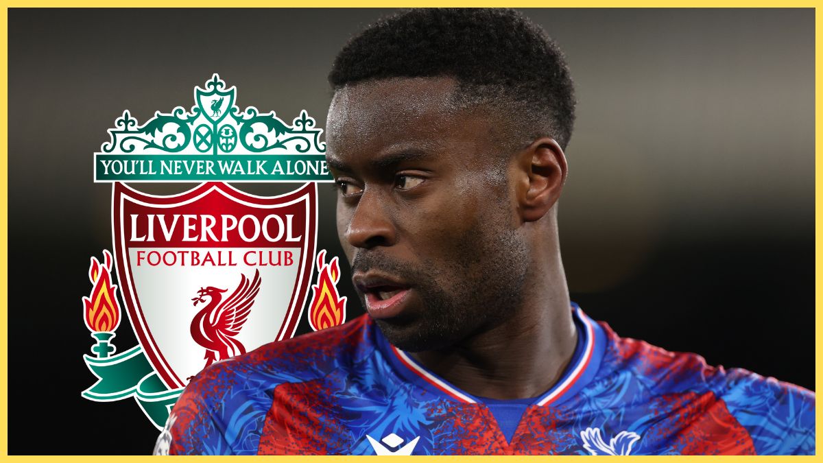 Marc Guehi looks over his right shoulder next to Liverpool club crest.